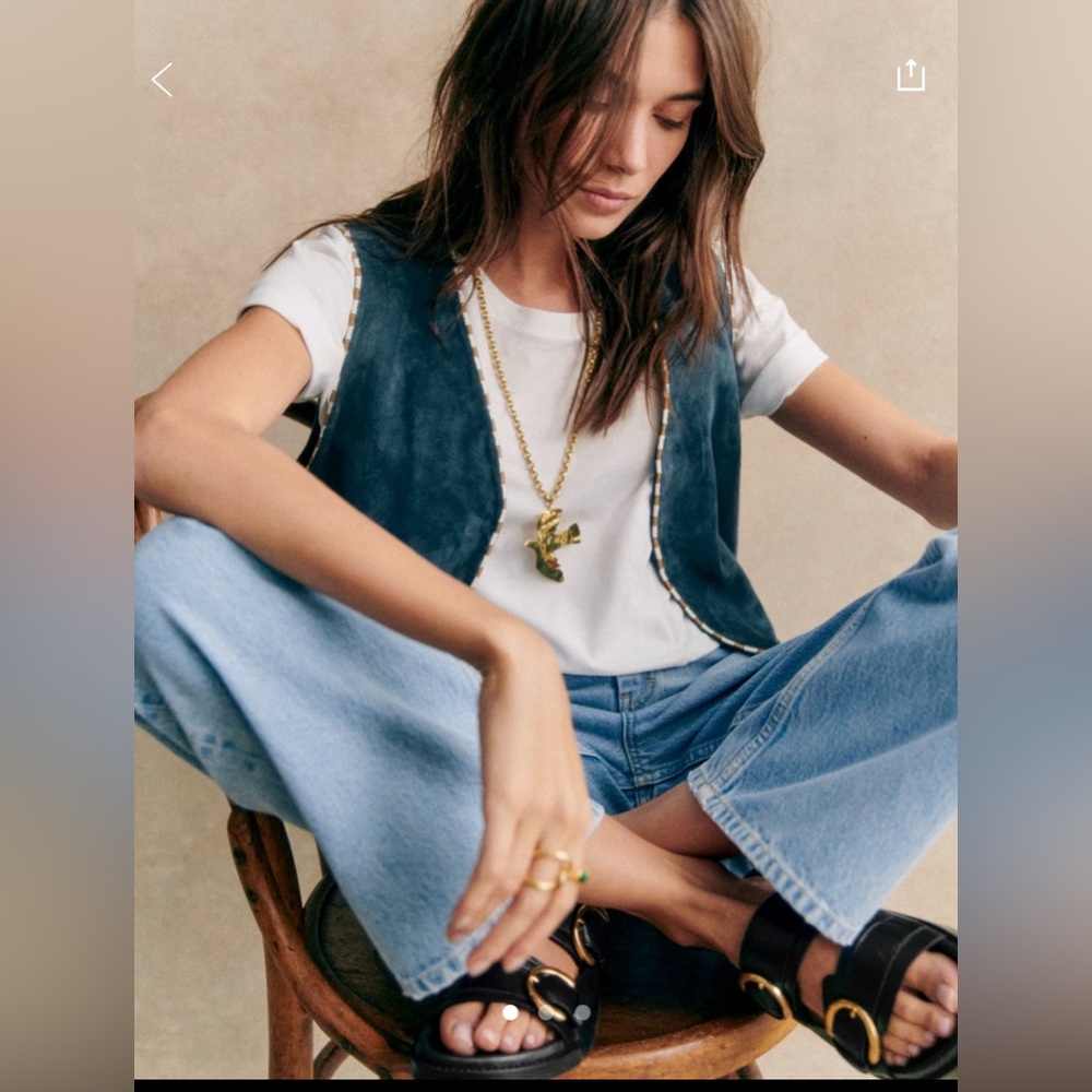 Sezane Taryn Jacket - Sézane X Pangea Blue With Ecru / Camel Embroidery - Size 4